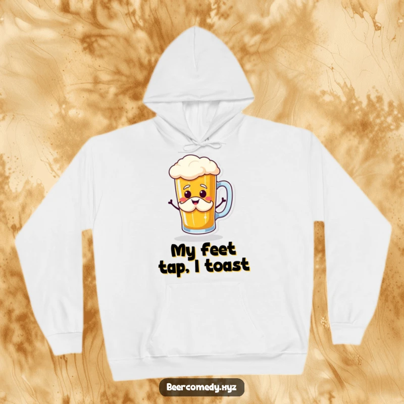 Funny beer mug doing a jig with a smiling foam mustache, featured on a cozy hoodie, embodying warmth and humorous celebration.