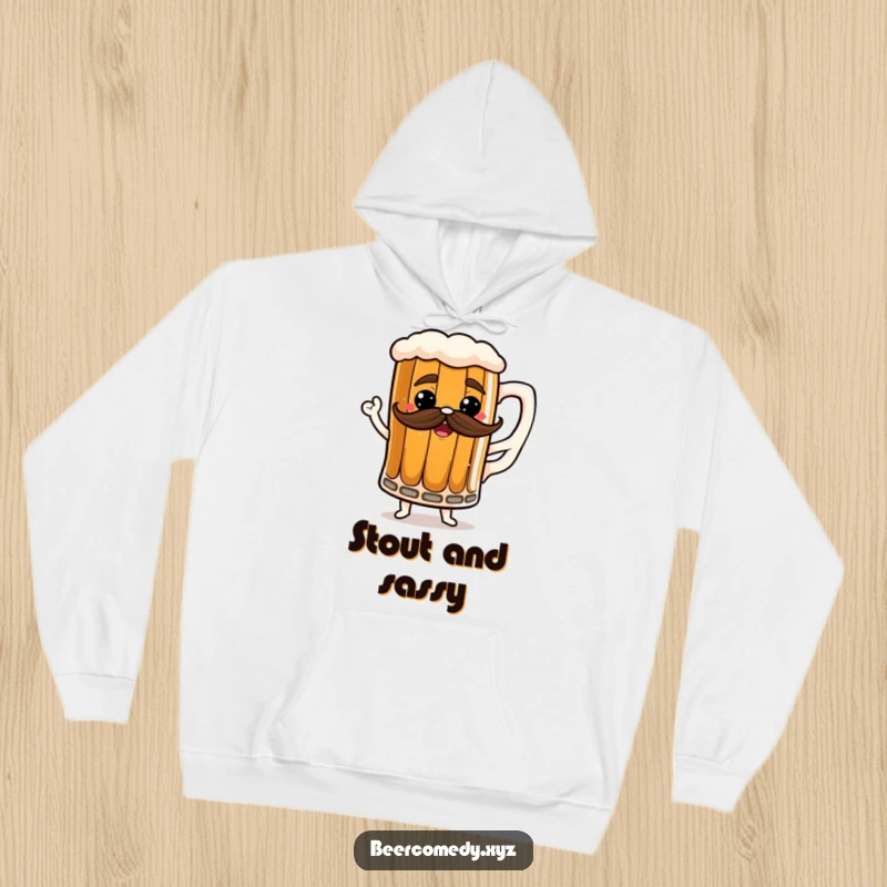 Funny stout mug hoodie showcasing a dancing mug with a frothy mustache, offering warmth and style.