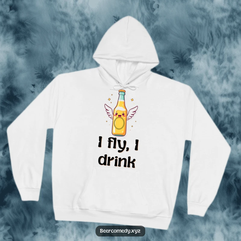 Funny beer bottle with tiny flying wings soaring through the air, featured on a warm hoodie, symbolizing cozy adventures and cheerful spirits.