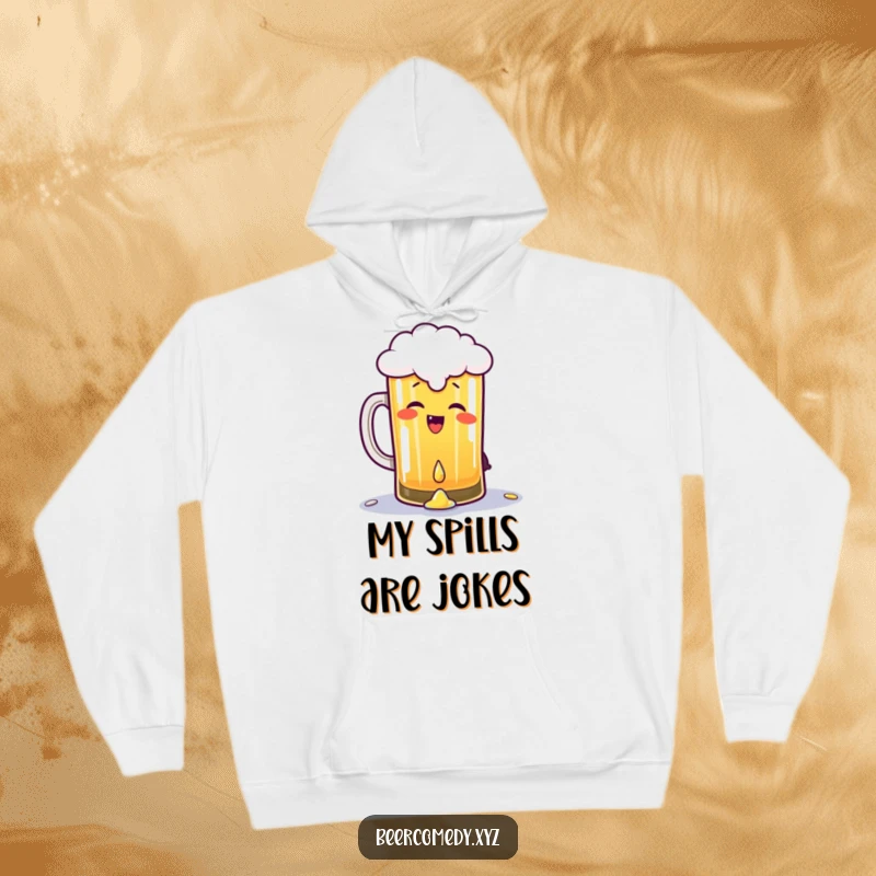 Funny pint of beer giggling and gleefully spilling a drop, featured on a warm hoodie, combining comfort with contagious, bubbly humor.
