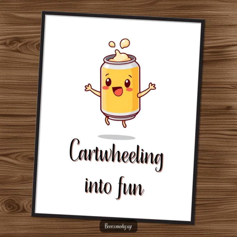 Funny Free Printable Wall Art: a playful beer can with a popping lid doing a cartwheel.