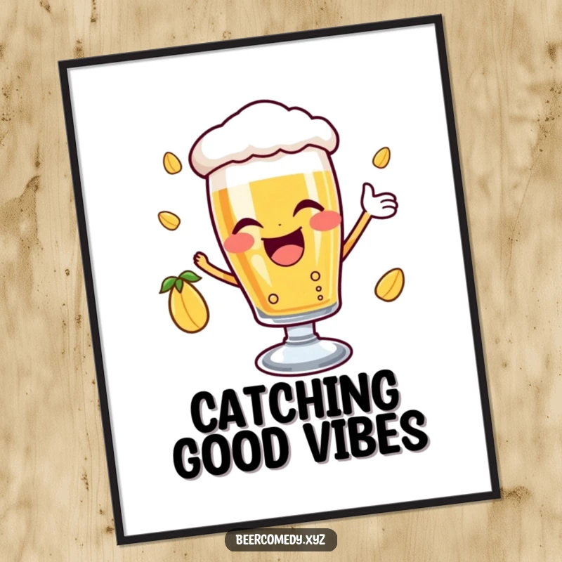 Funny Free Printable Wall Art: a delighted beer glass with a wink catching a falling hop.