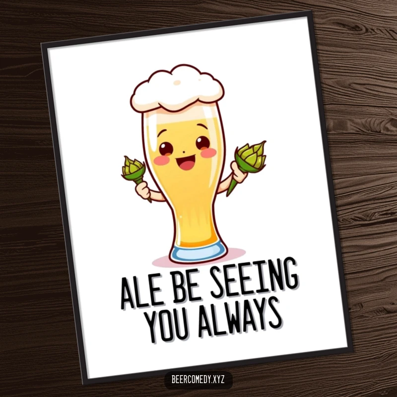 Funny free printable wall art of a joyful ale glass with a smiling foamy head holding a tiny hops cone, ready to party.