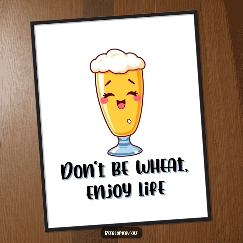 Funny free printable wall art of a wobbly wheat beer glass giving a playful wink, adding a humorous and charming touch.
