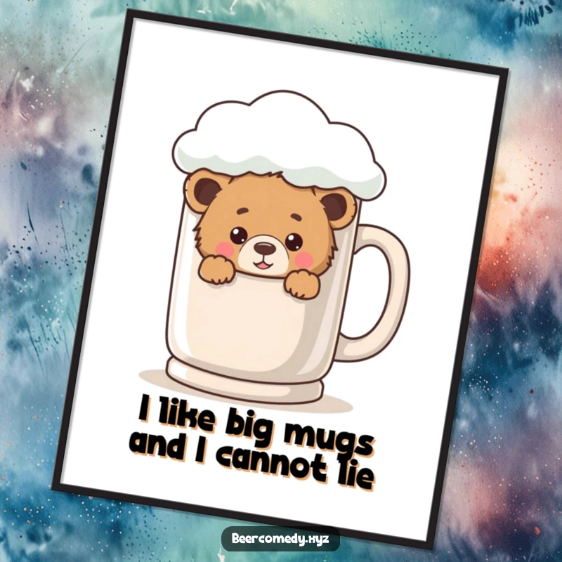 Funny Free Printable Wall Art: A playful bear cub peeks adorably from behind a giant, foamy mug, adding charm.