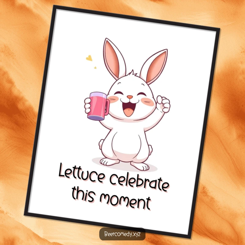 Funny Free Printable Wall Art: A delighted rabbit joyfully raises a frothy mug in a celebratory toast, spreading happiness.