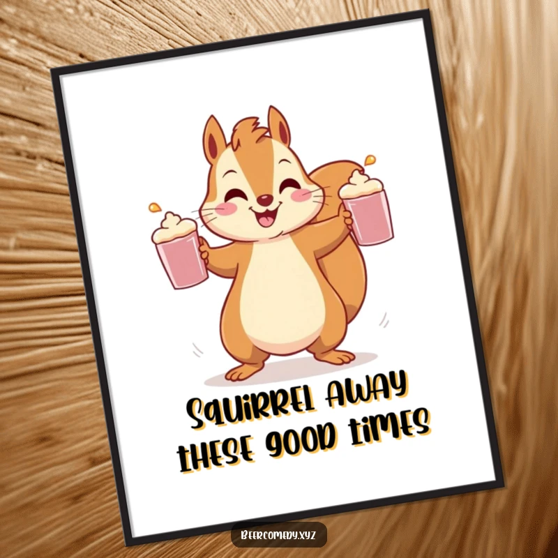 Funny Free Printable Wall Art: A cheerful squirrel expertly juggles three frothy mugs, showcasing speed and impressive talent.