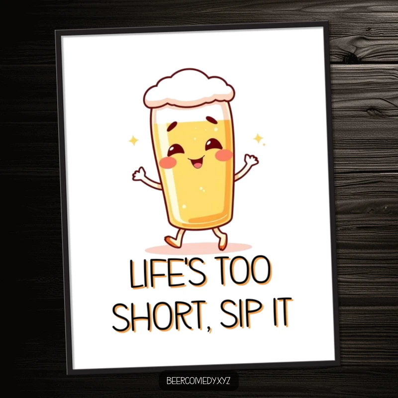 Funny free printable wall art of a giggling lager glass doing a little shuffle, radiating cheerful vibes and lightheartedness.