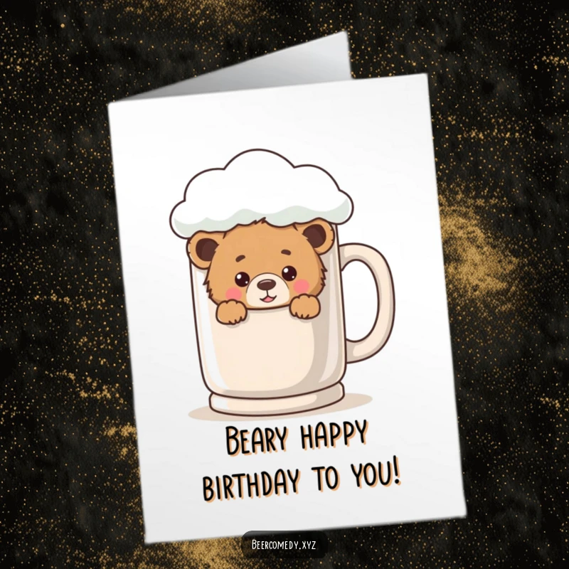 Funny Free Printable Birthday Card: A playful bear cub peeks from behind a giant foamy mug, ready to wish Happy Birthday.