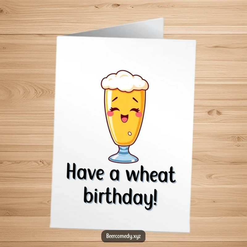 Funny free printable birthday card of a wobbly wheat beer glass giving a playful wink, celebrating with a tipsy toast.