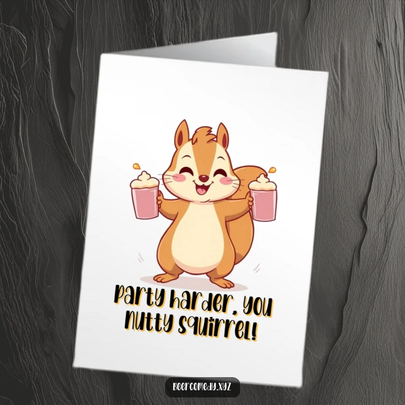 Funny Free Printable Birthday Card: A cheerful squirrel impressively juggles three frothy mugs, celebrating with nutty energy.