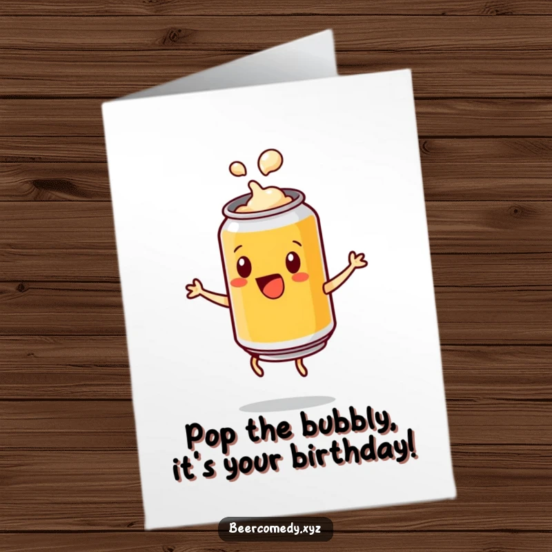 Funny Free Printable Birthday Card: a playful beer can popping its lid and doing a cartwheel, celebrating.