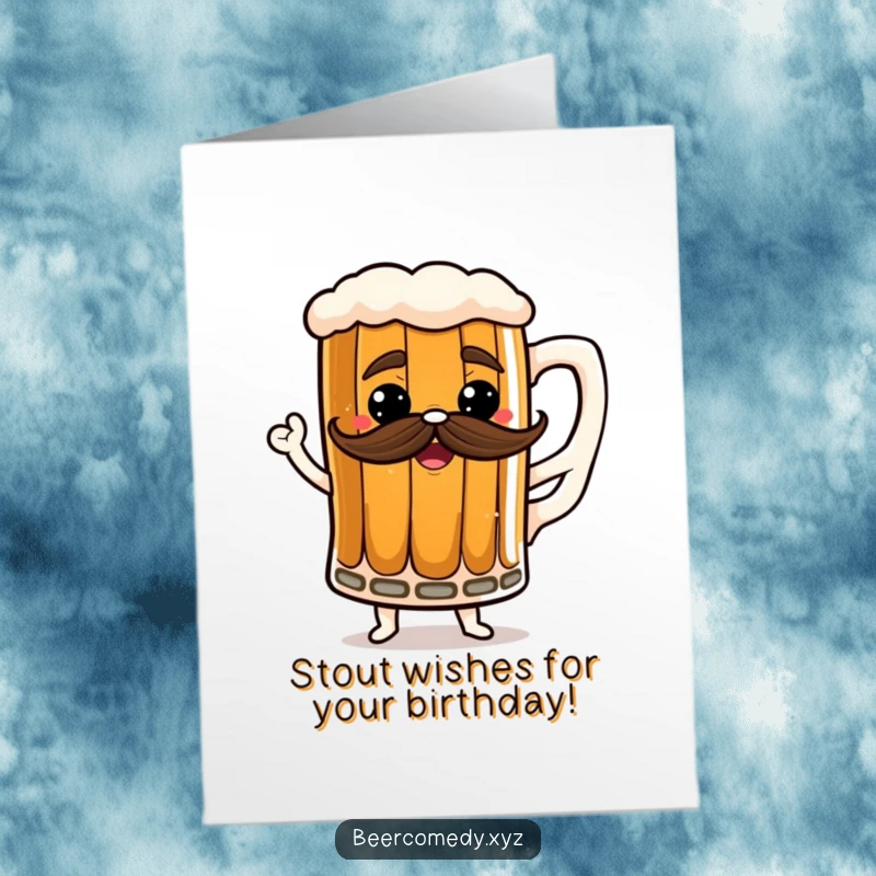 Funny free printable birthday card of a dancing stout mug with a frothy mustache, grooving to celebrate a special day.