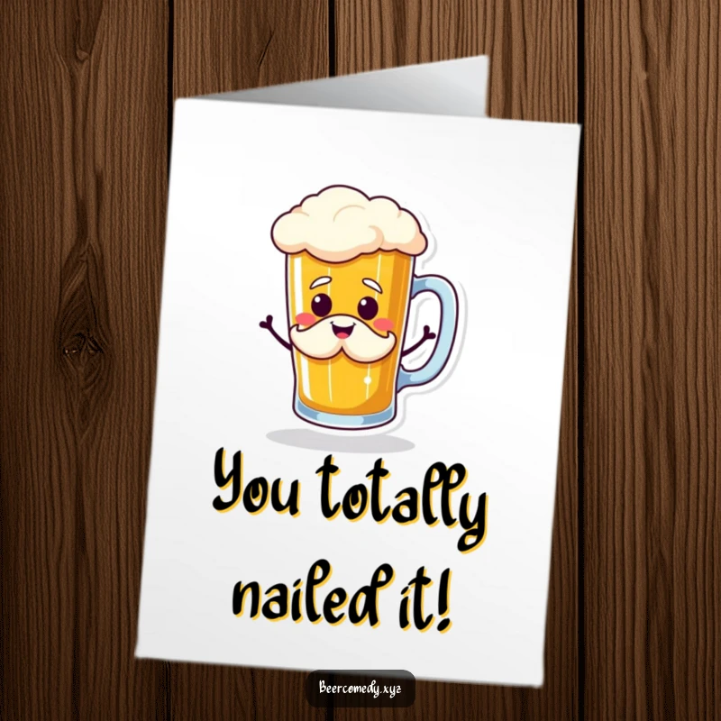 Funny Free Printable Congratulations Card: beer mug with foam mustache doing a jig, celebrating success.