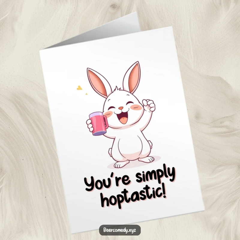 Funny Free Printable Congratulations Card: A delighted rabbit joyfully raises a mug in a toast, celebrating a big win.
