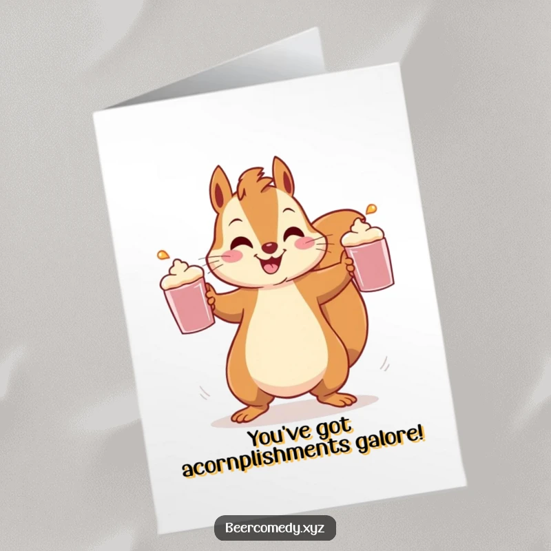 Funny Free Printable Congratulations Card: A speedy squirrel juggles frothy mugs, celebrating a big achievement with impressive skill.