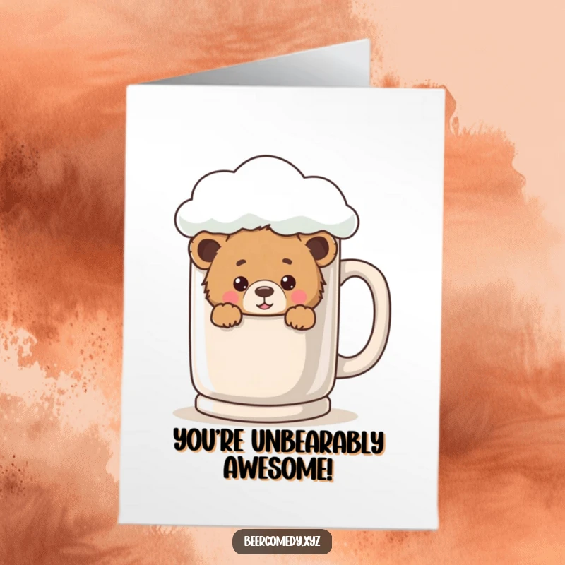 Funny Free Printable Congratulations Card: A playful bear cub peeks out from behind a giant foamy mug, celebrating achievements.