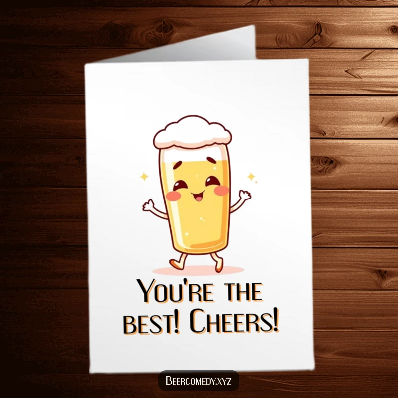Funny free printable congratulations card with a giggling lager glass doing a happy shuffle, celebrating a wonderful achievement.
