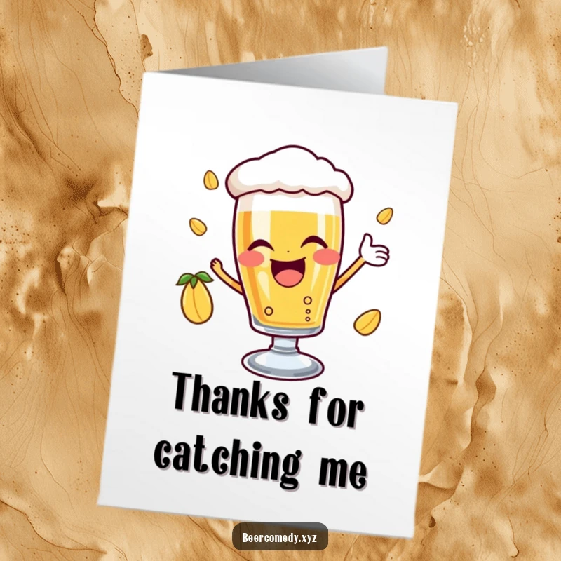 Funny Free Printable Thank You Card: a beer glass winking and catching a hop, expressing thanks.