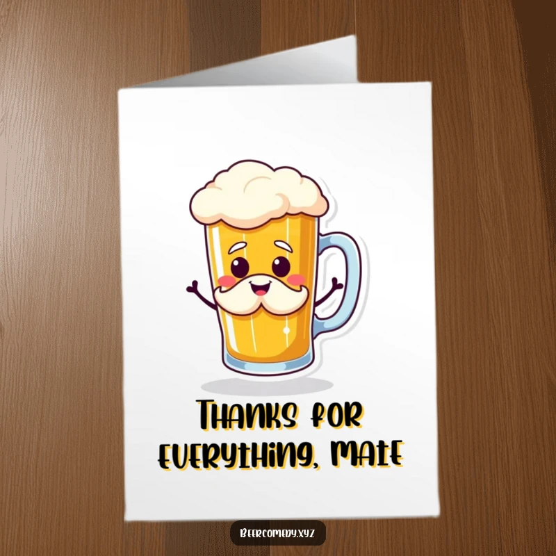 Funny Free Printable Thank You Card: beer mug with a mustache jigging happily, expressing thanks.