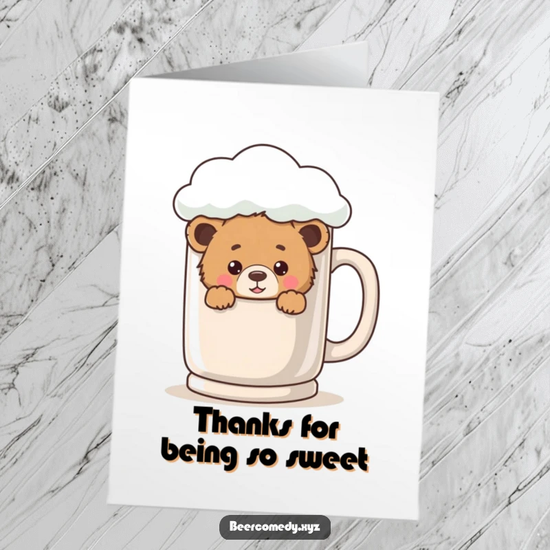 Funny Free Printable Thank You Card: A playful bear cub peeks from behind a giant foamy mug, sending thanks.