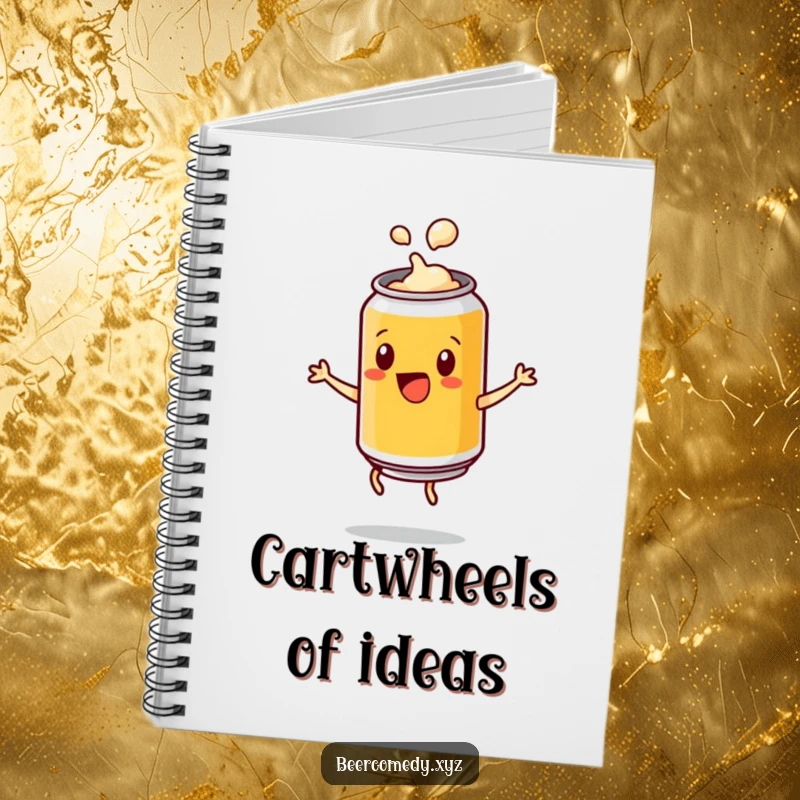 Funny playful beer can with a popping lid doing a cartwheel, on the cover of a notebook, inspiring creative thinking and energetic brainstorming.