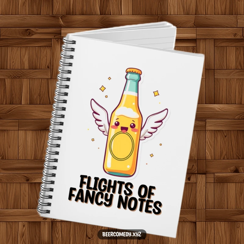 Funny beer bottle with tiny flying wings soaring through the air, on the cover of a notebook, inspiring creative writing and whimsical ideas.