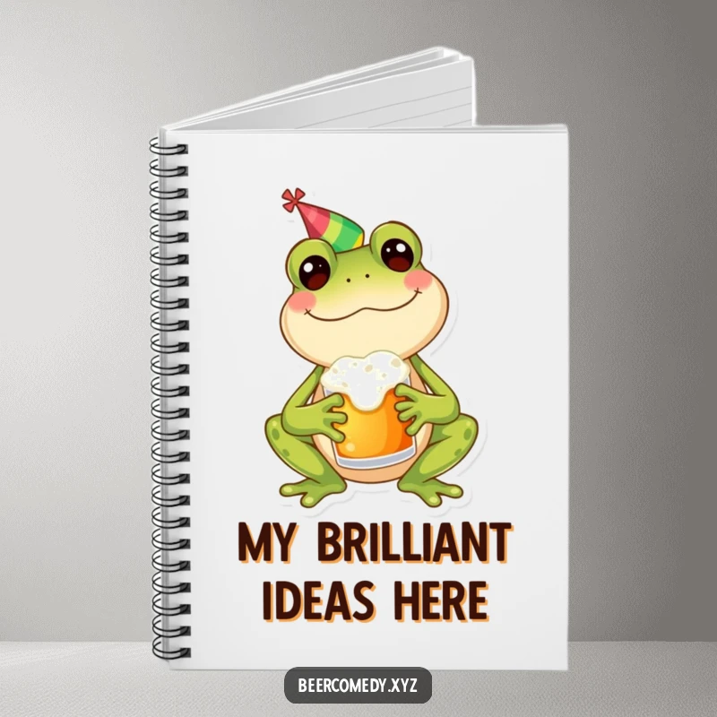 Funny frog wearing a party hat and holding a frothy mug on the cover of a notebook, encouraging fun note-taking.