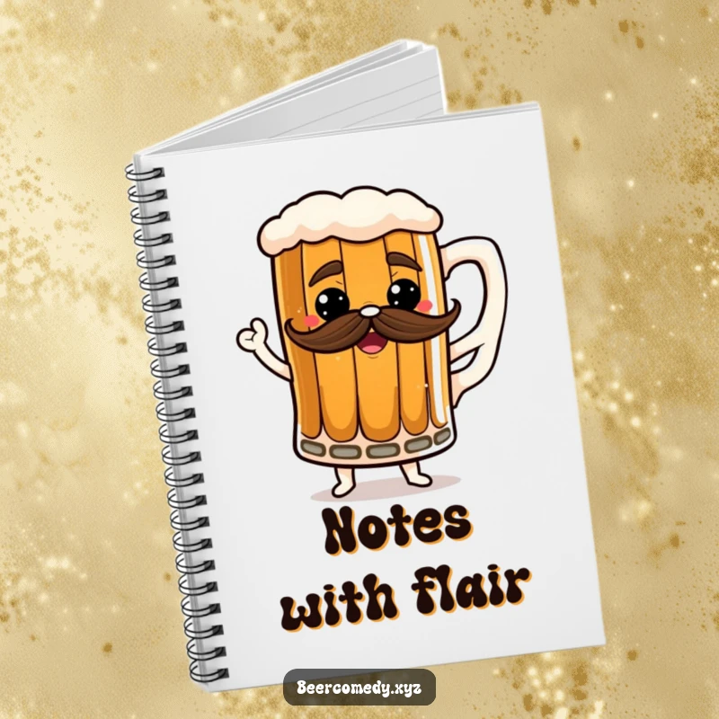Funny stout mug notebook with a frothy mustache, depicted dancing, ideal for notes and journaling.