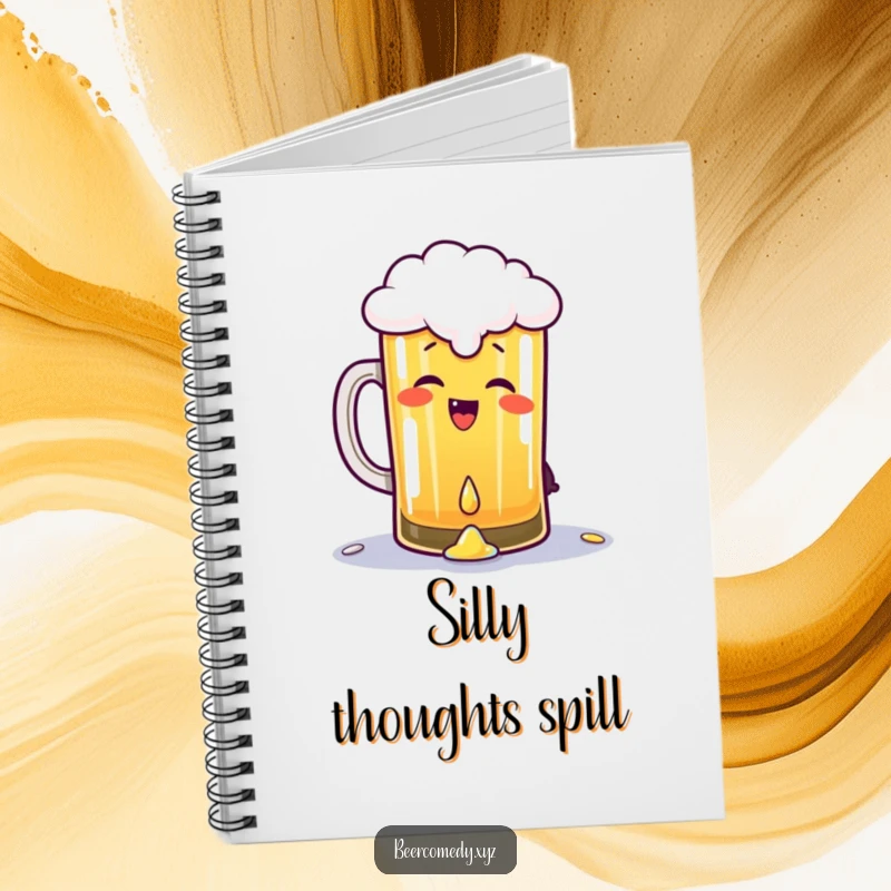 Funny pint of beer giggling and gleefully spilling a drop, on the cover of a notebook, inspiring creative writing and joyful musings.