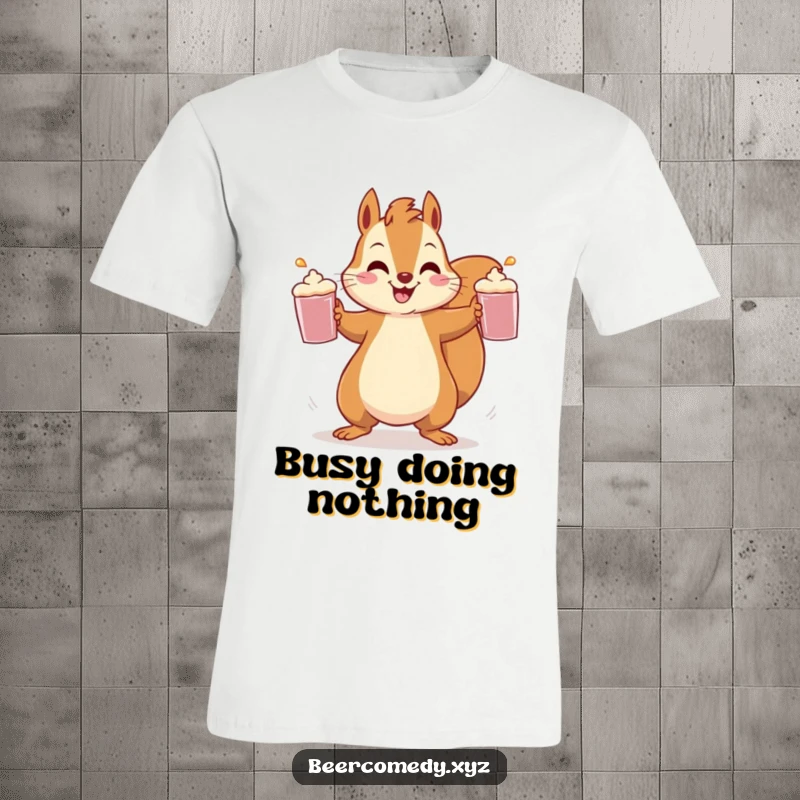 Funny squirrel in mid-air, skillfully juggling three frothy mugs, showcasing speed and cheer on this amusing t-shirt.