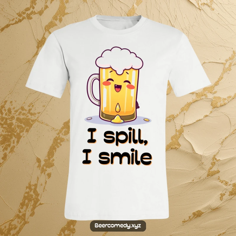 Funny pint of beer giggling and gleefully spilling a drop, printed on a t-shirt, capturing a moment of spontaneous, bubbly happiness.