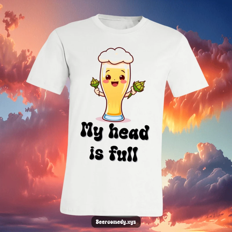Funny ale glass t-shirt featuring a joyful, smiling foamy head holding a hops cone, perfect for casual wear.