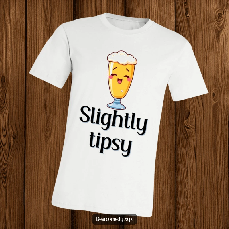 Funny wobbly wheat beer glass t-shirt captured mid-wink, embodying playful mischief.