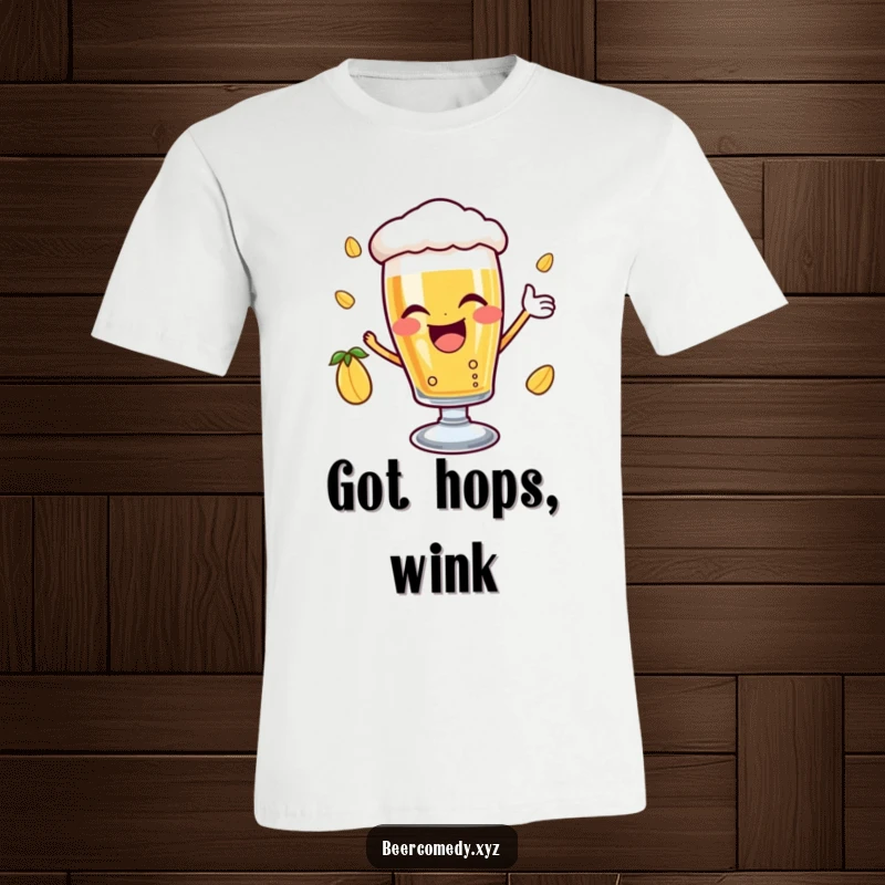 Funny delighted beer glass with a joyful wink catching a falling hop, printed on a t-shirt, representing good luck and cheerful appreciation.