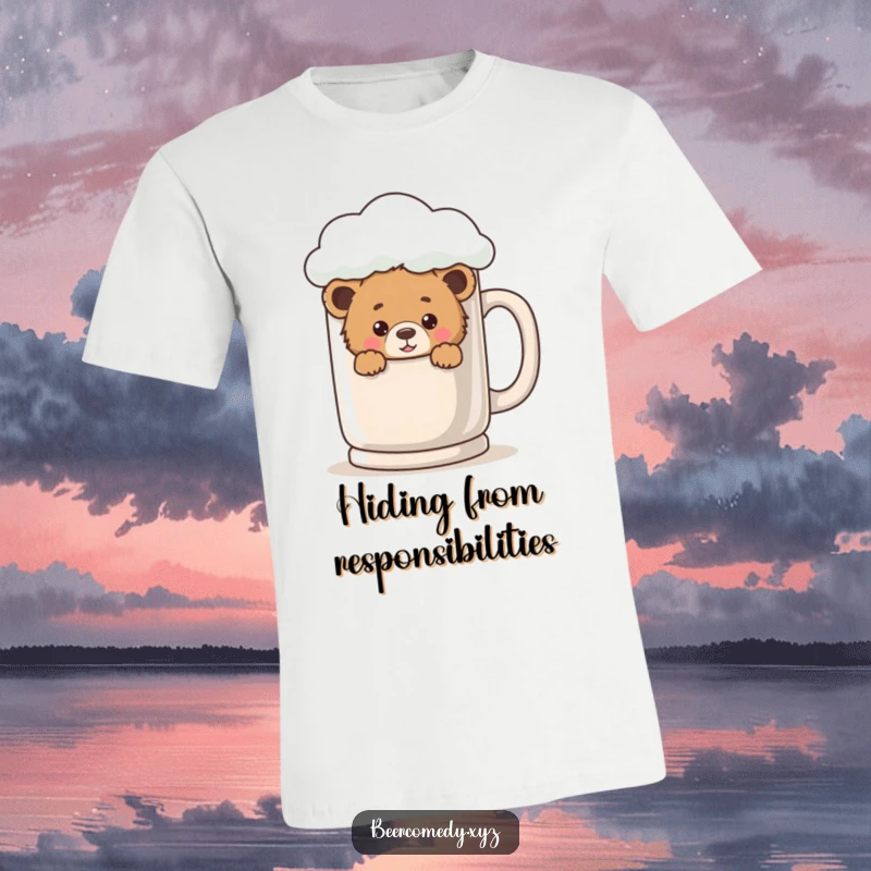 A playful bear cub is peeking from behind a giant, foamy mug, wearing a mischievous expression on this t-shirt.