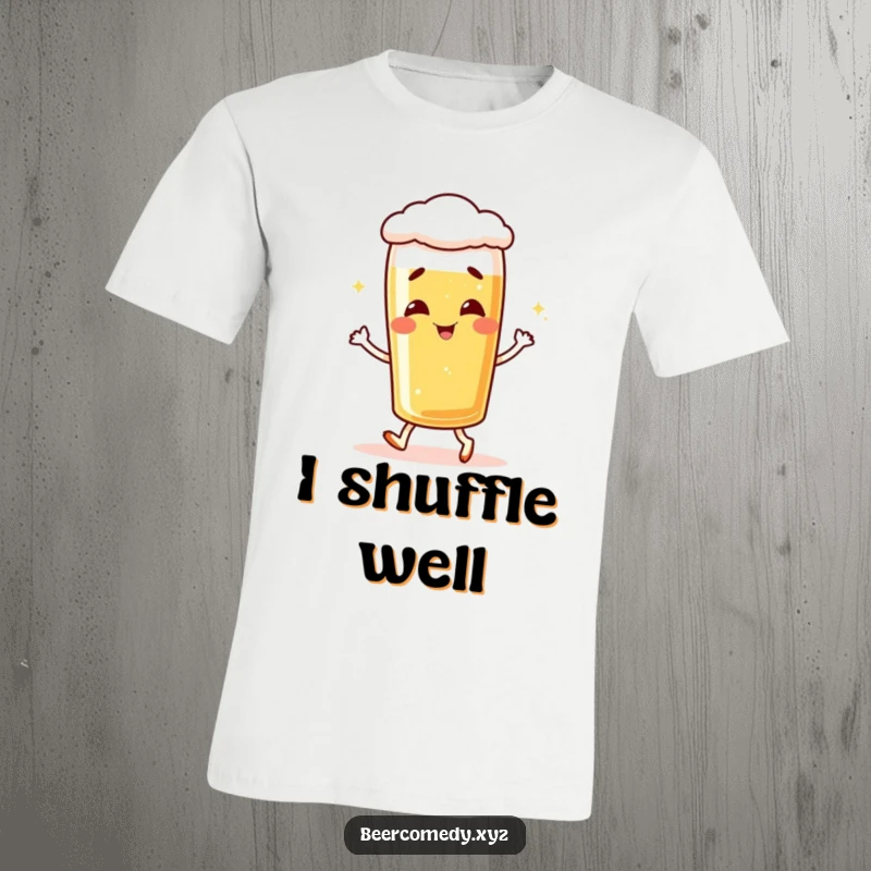 Funny giggling lager glass t-shirt shown doing a little shuffle, celebrating laughter and beer.
