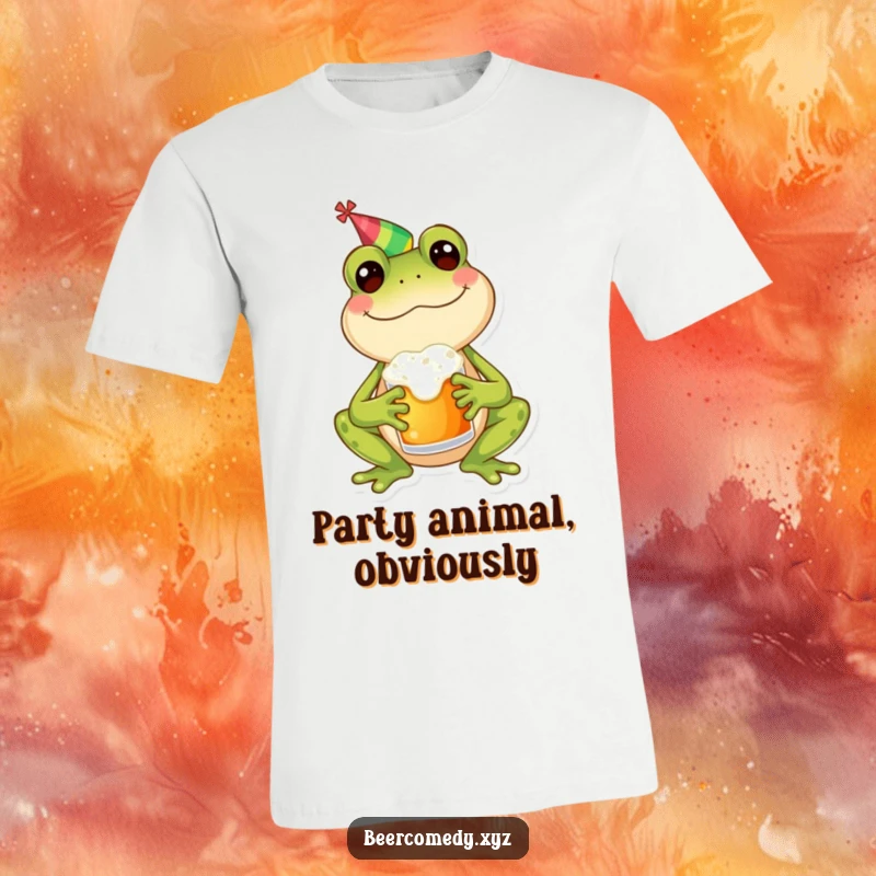 Funny frog wearing a tiny party hat, gleefully holding a frothy mug, ready for a celebration on a comfortable t-shirt.
