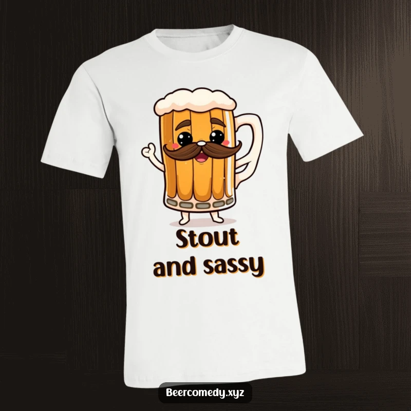 Funny stout mug t-shirt with a frothy mustache, illustrated in a dynamic dancing pose.