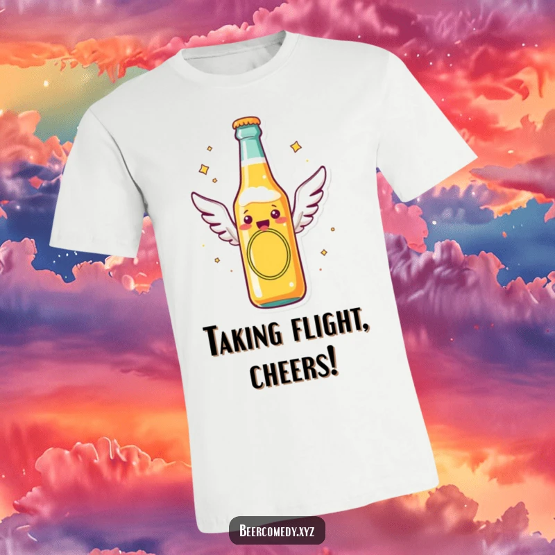 Funny beer bottle with tiny flying wings soaring through the air, printed on a t-shirt, representing boundless joy and spirited adventure.