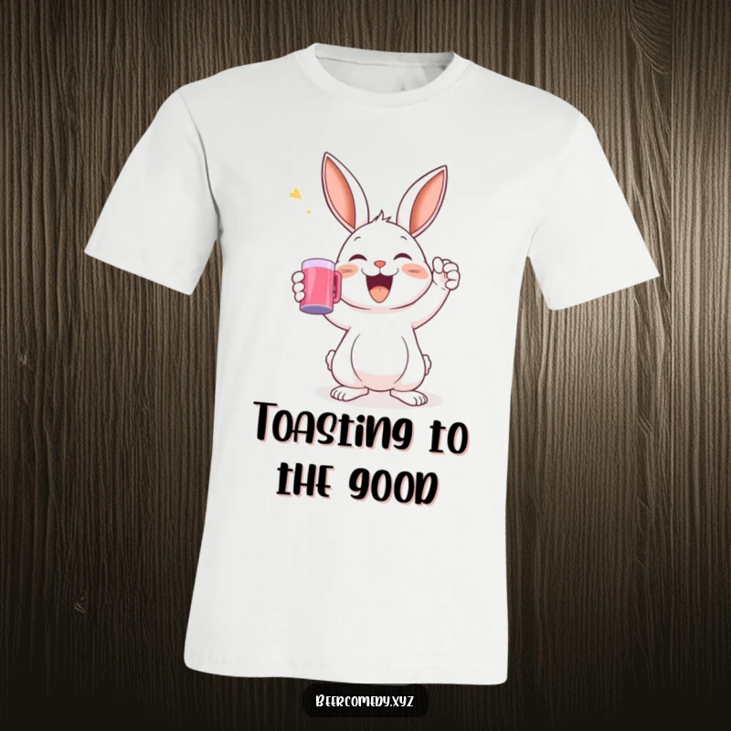 A delighted rabbit is raising a mug in a toast, embodying joy and celebration on this fun t-shirt.