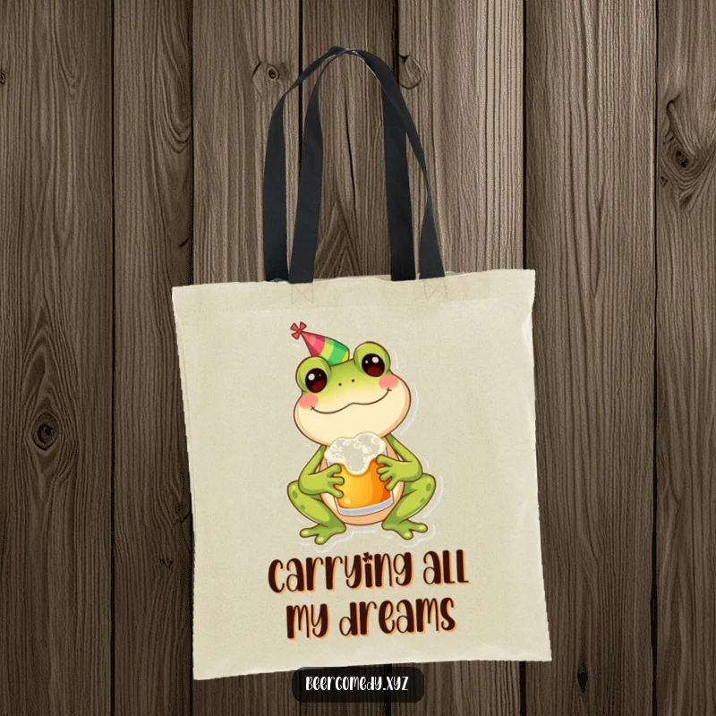 Funny frog wearing a party hat, holding a frothy mug, perfect for carrying essentials with a touch of humor, on a durable tote bag.