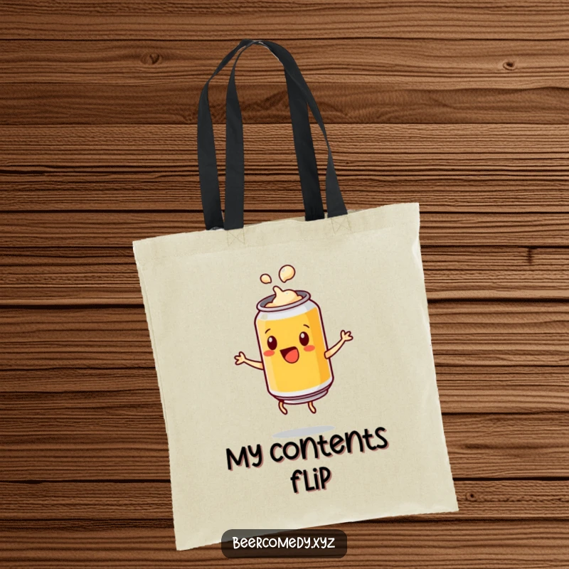 Funny playful beer can with a popping lid doing a cartwheel, printed on a tote bag, ideal for carrying supplies and spreading vibrant energy.