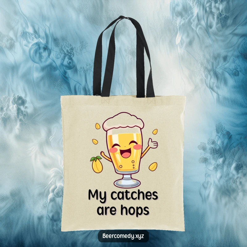 Funny delighted beer glass with a joyful wink catching a falling hop, printed on a tote bag, ideal for carrying treasures and spreading cheer.