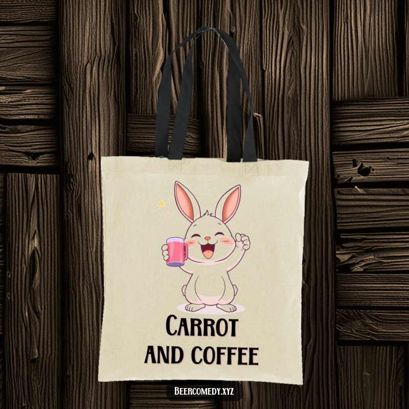 A delighted rabbit raising a mug in a toast is featured on a stylish and durable tote bag.