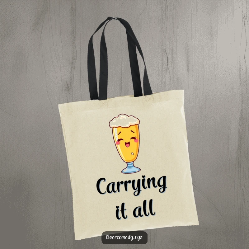 Funny wobbly wheat beer glass tote bag depicted with a playful wink, great for shopping.