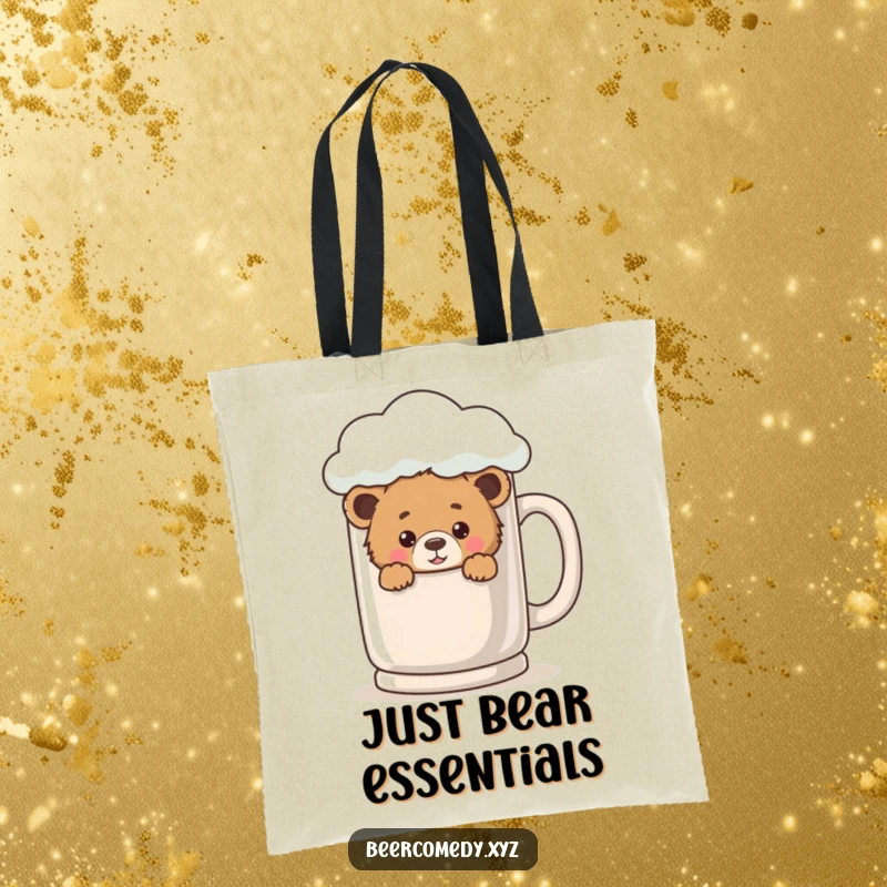 A playful bear cub is peeking from behind a giant, foamy mug on a durable and cute tote bag.